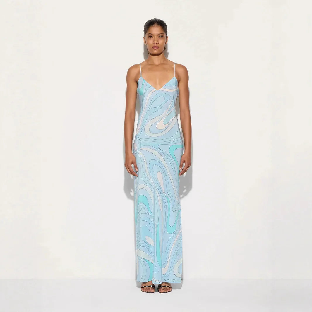 Vestido Largo para Mujer con Tirantes Cuello en V y Estampado Moderno