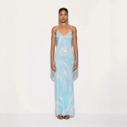 Vestido Largo para Mujer con Tirantes Cuello en V y Estampado Moderno