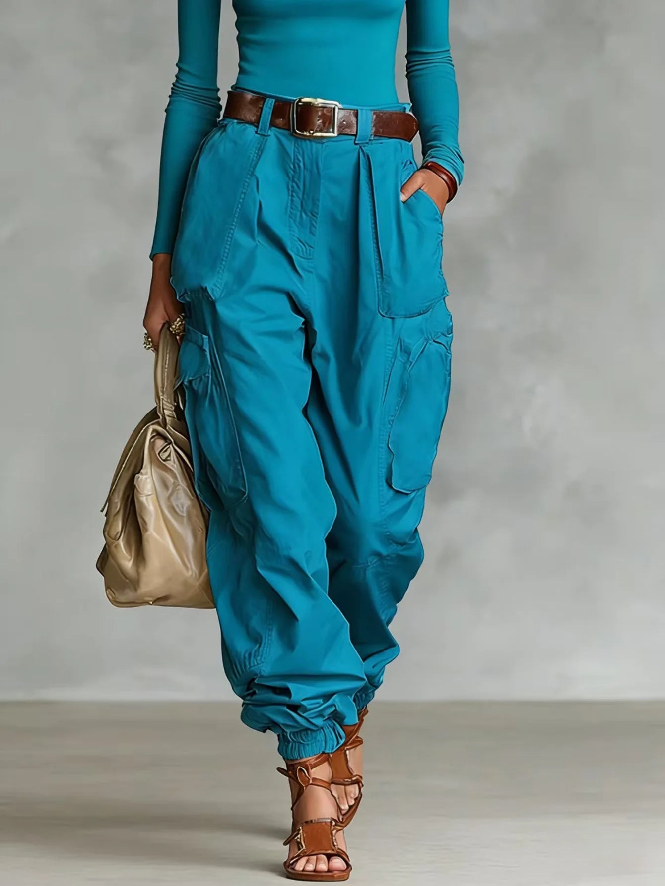 Pantalón Cargo Mujer Pierna Ancha con Bolsillos Casual Holgado