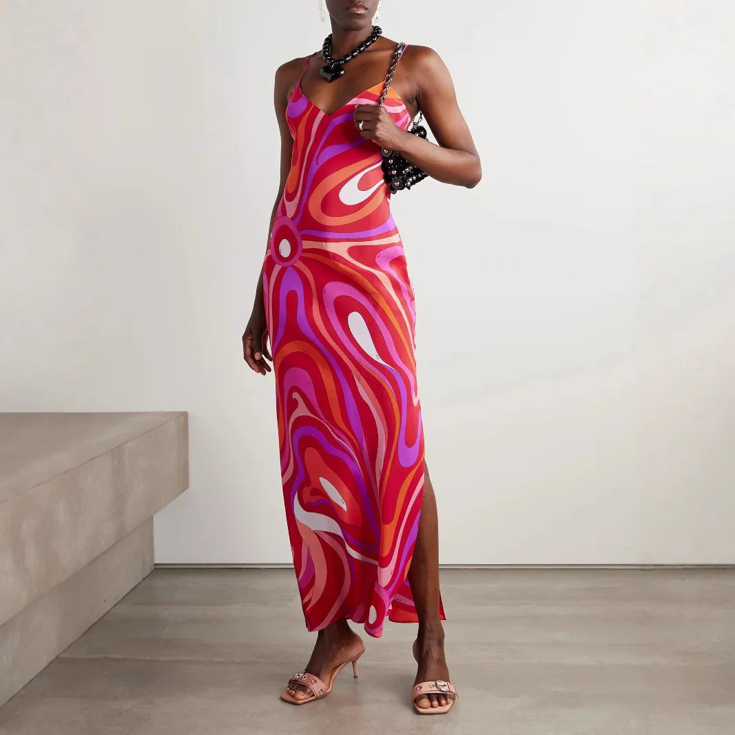 Vestido Largo para Mujer con Tirantes Cuello en V y Estampado Moderno
