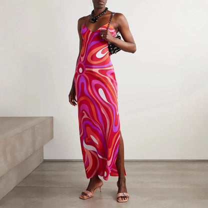 Vestido Largo para Mujer con Tirantes Cuello en V y Estampado Moderno
