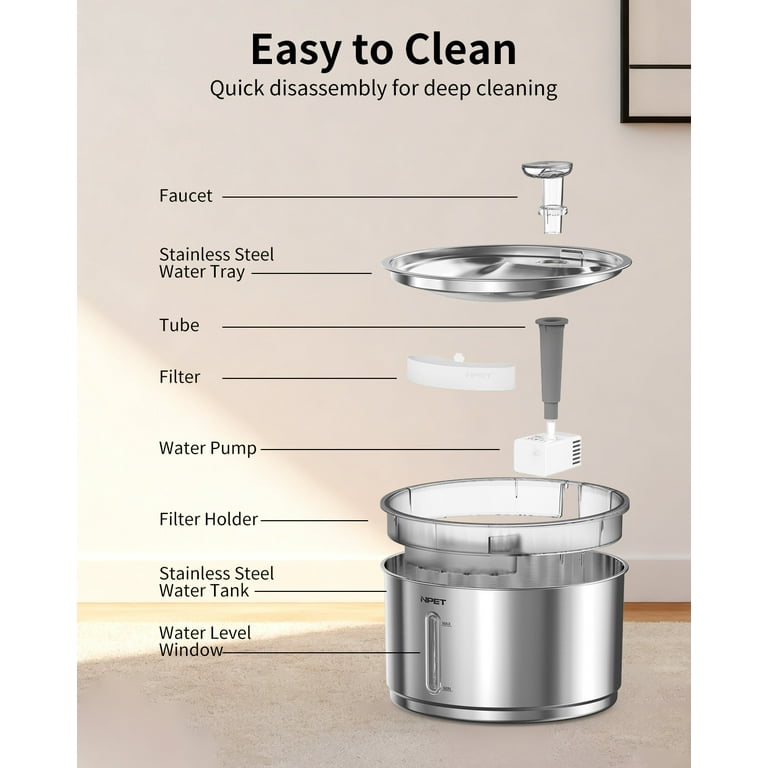 Fuente de Agua para Mascotas NPET 4L Acero Inoxidable con Filtro